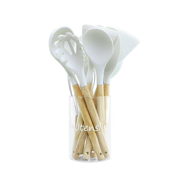 Silicone Utensil Set W/ Glass Holder - White