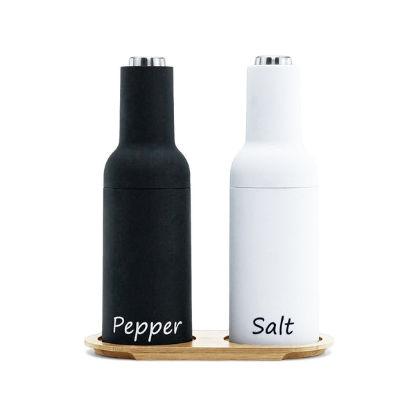 Black & White Electrical Salt & Pepper Grinders W/ Bamboo 2 Hole Tray Set