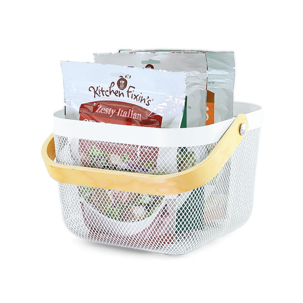 White Mesh Storage Basket W/ Wooden Handle - Small