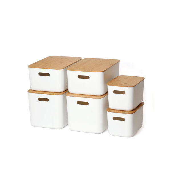 White Storage Tub W/ Bamboo Lid Set