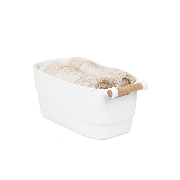 Storage Tub W/ Wooden Handle - White