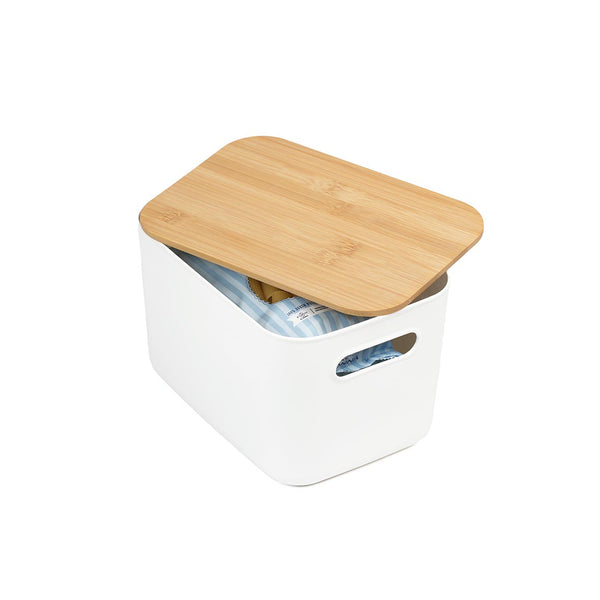 White Storage Tub W/ Bamboo Lid - Small