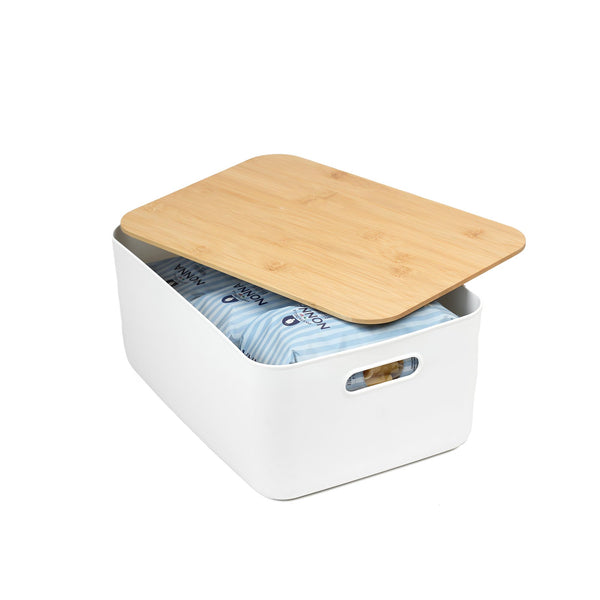 White Storage Tub W/ Bamboo Lid - Medium